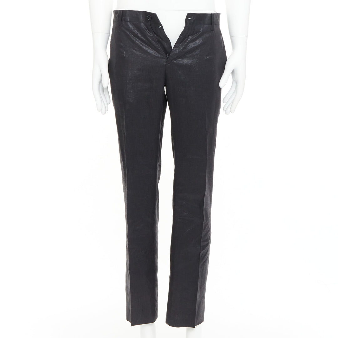 DOLCE GABBANA black linen metallic coated half canvas flap pocket suit IT44 XS