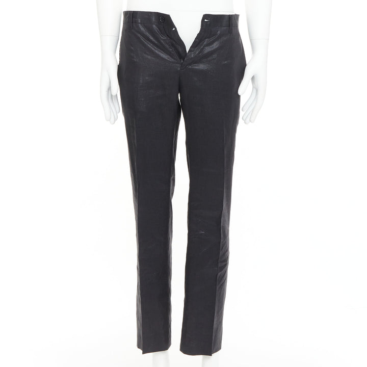 DOLCE GABBANA black linen metallic coated half canvas flap pocket suit IT44 XS