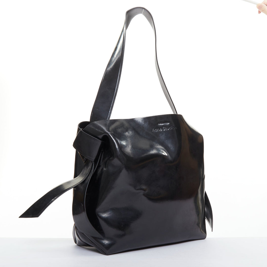 ACNE STUDIOS Musubi glossy black leather bow side shoulder hobo bag