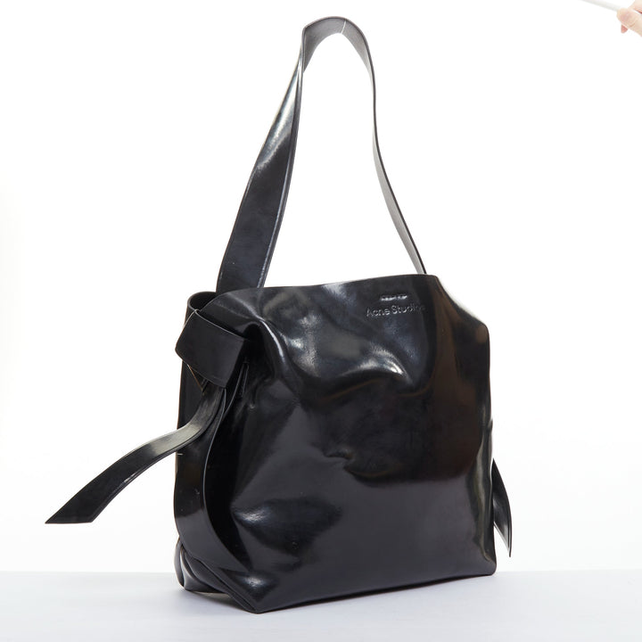 ACNE STUDIOS Musubi glossy black leather bow side shoulder hobo bag