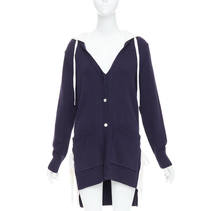 MONSE navy white cotton blend laced side hooded cardigan XS