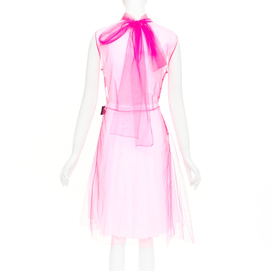 PRADA 2018 Runway Neon Technical  Tulle Abito pink rubber logo dress IT38 XS