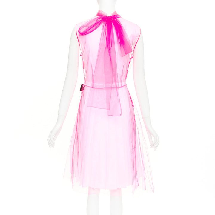 PRADA 2018 Runway Neon Technical  Tulle Abito pink rubber logo dress IT38 XS