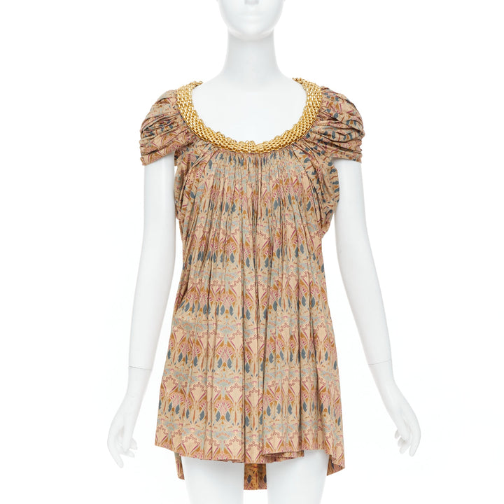 JUNYA WATANABE 2008 beige ethnic print gold chain hardware high low dress S