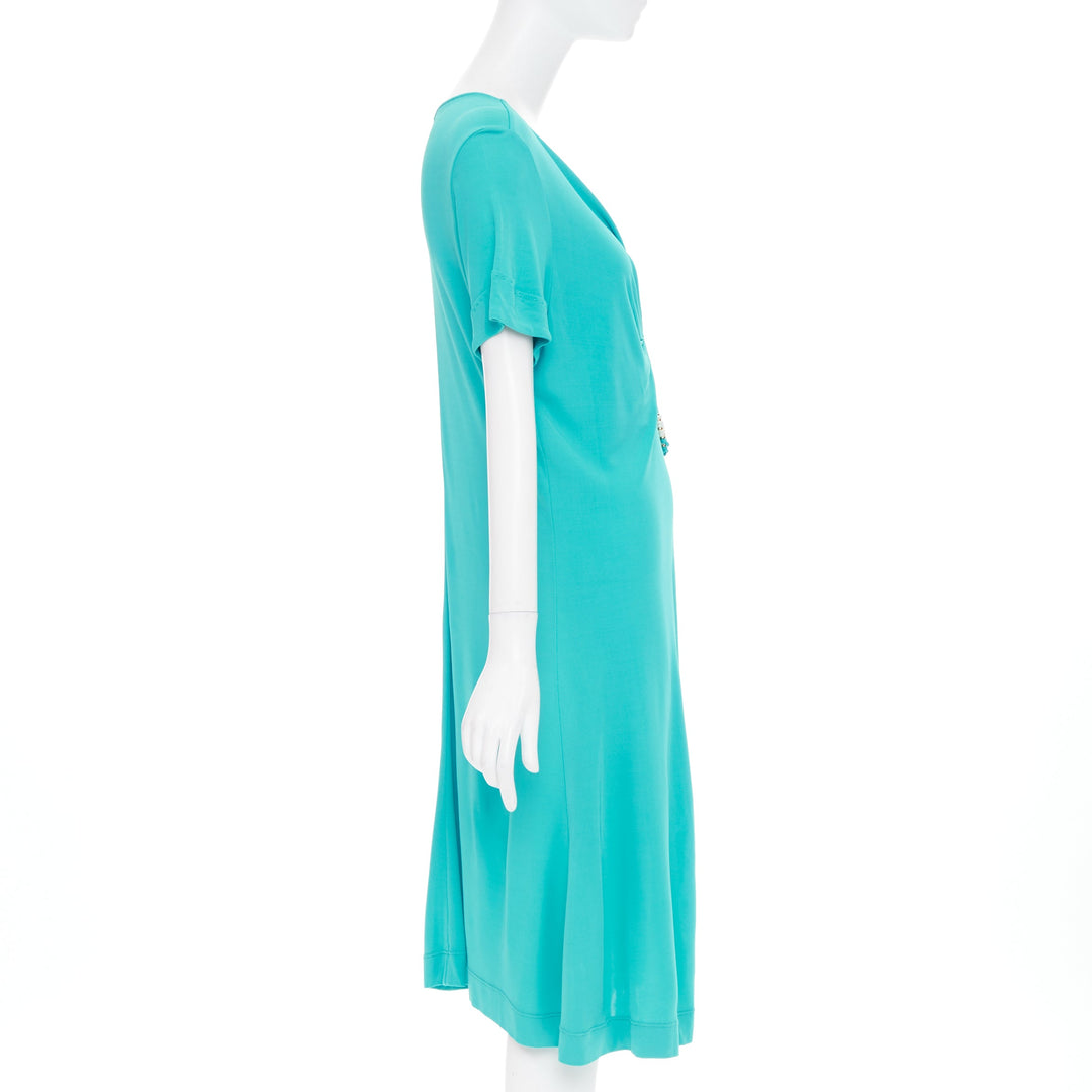 ESCADA Vintage ruched bust turquoise short sleeve beaded jersey dress FR44 XL