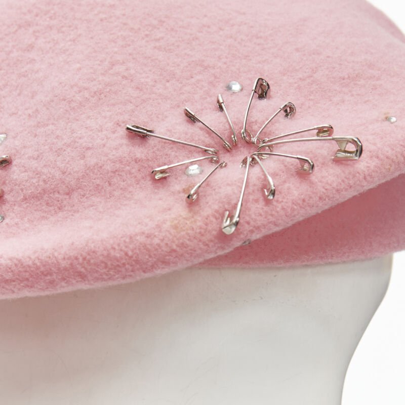 MISS JONES Stephen Jones Pins candy pink wool safety pin crystal beret hat