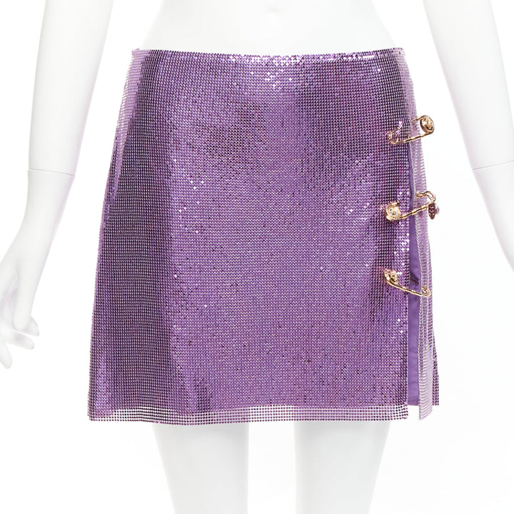 rare VERSACE 2022 Runway green purple metal chainmail safety pin top skirt IT38