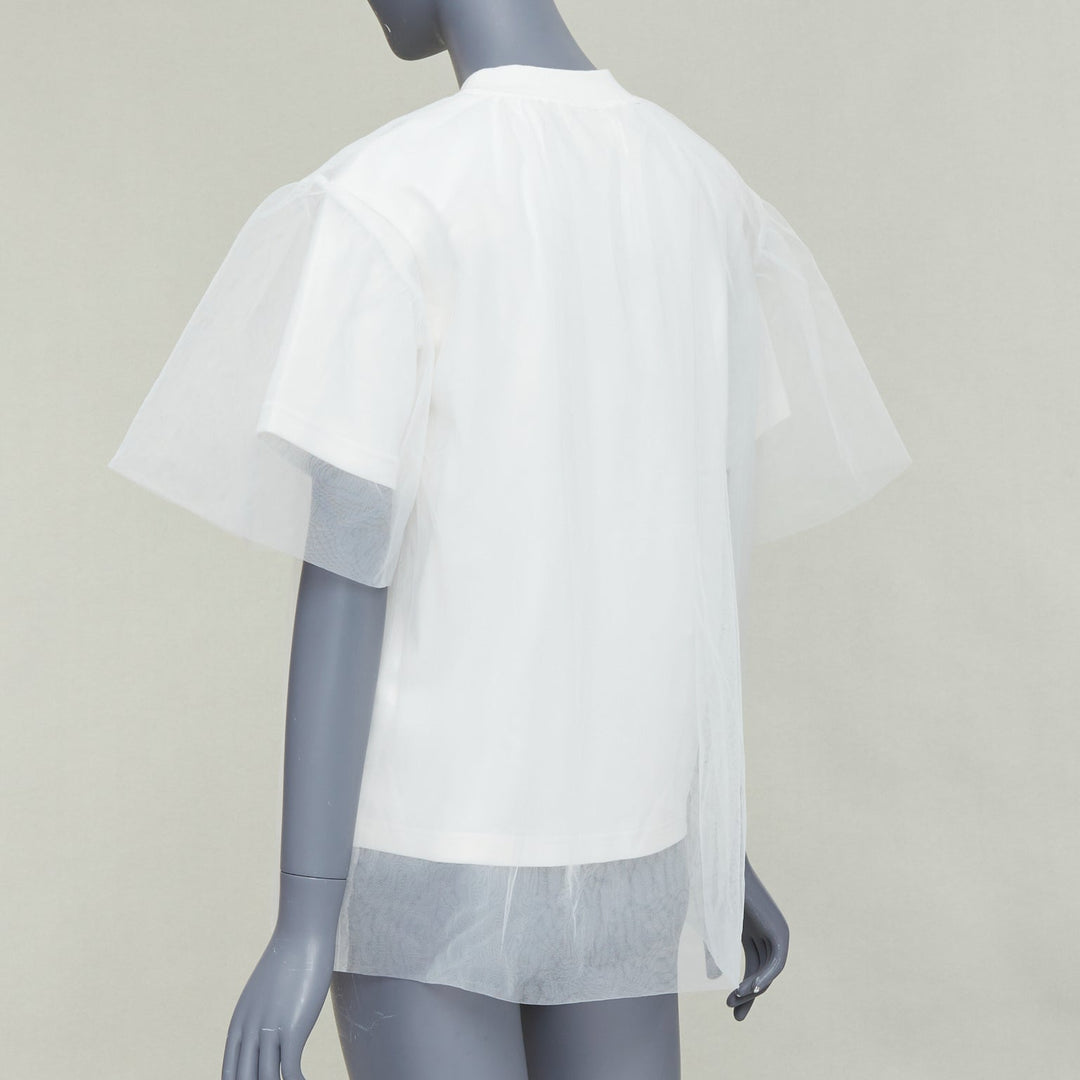 SHUSHU TONG Tulle white cream mesh overlay crew neck short sleeve tshirt UK6 XS