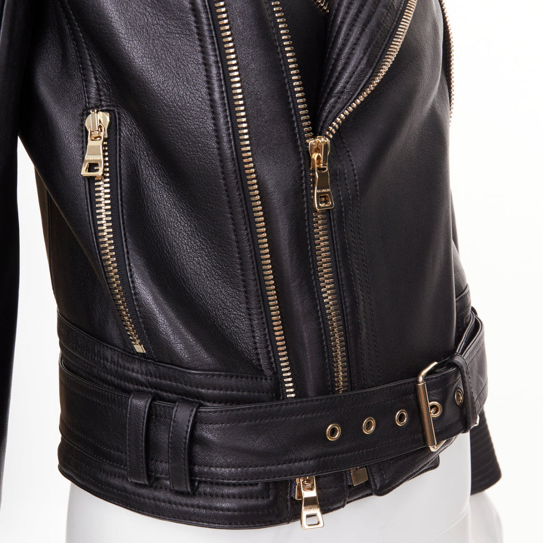 BALMAIN 2020 black quilted lambskin leather belted perfecto biker jacket FR34 XS