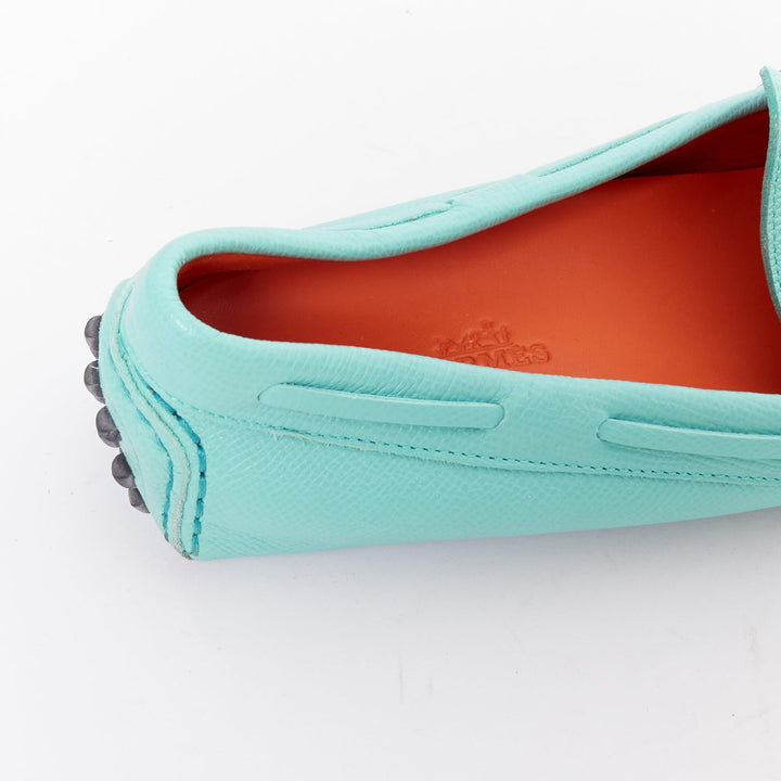 HERMES Irving cyan blue leather silver stud driving loafers EU35.5