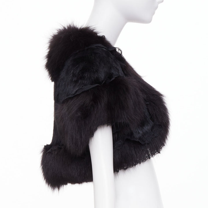 ADAM JONES 2004 black lace trim fox rabbit fur cropped open front bolero FR40 L