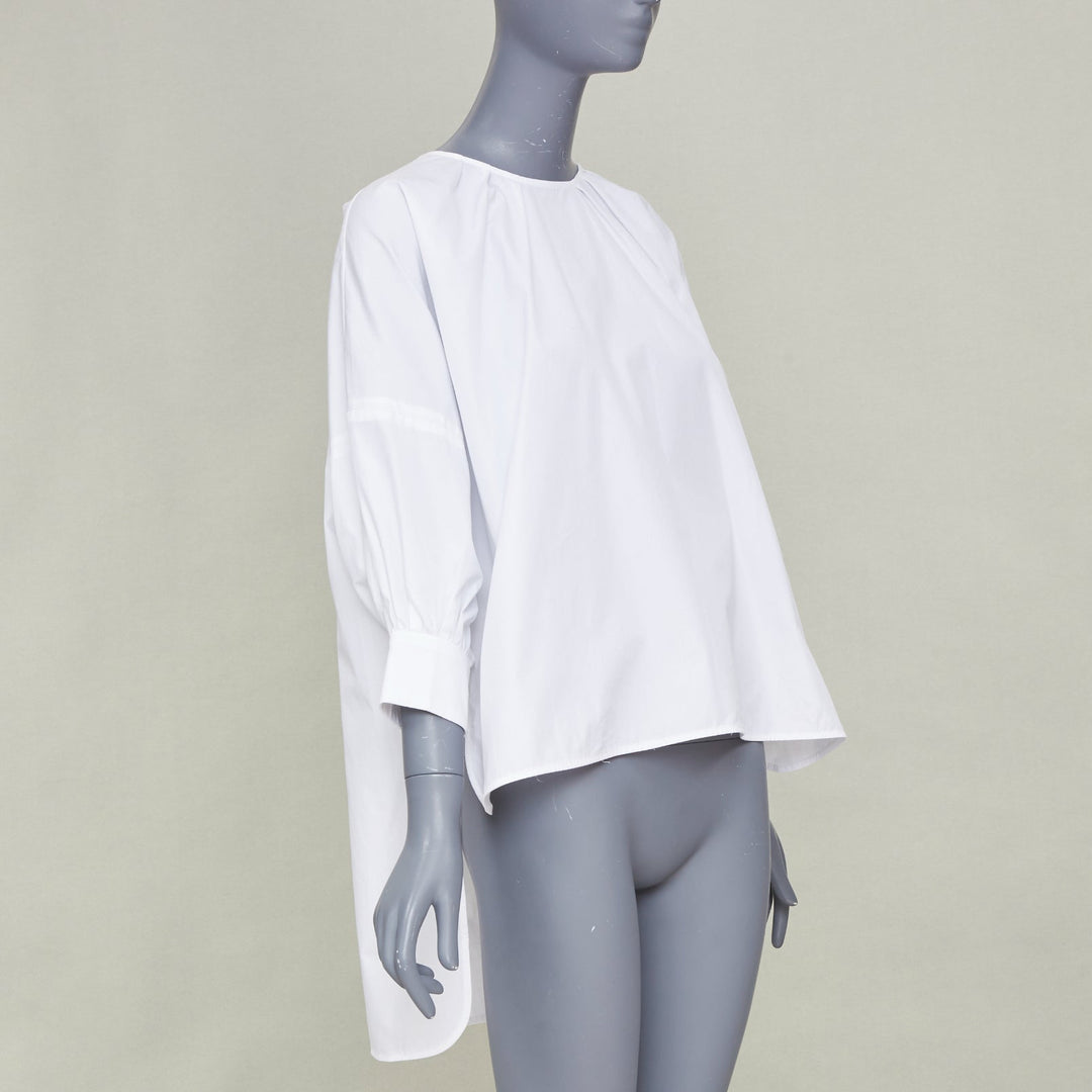 S MAX MARA 2024 Maya Asymmetric gather neck white cotton poplin blouse IT34 XXS