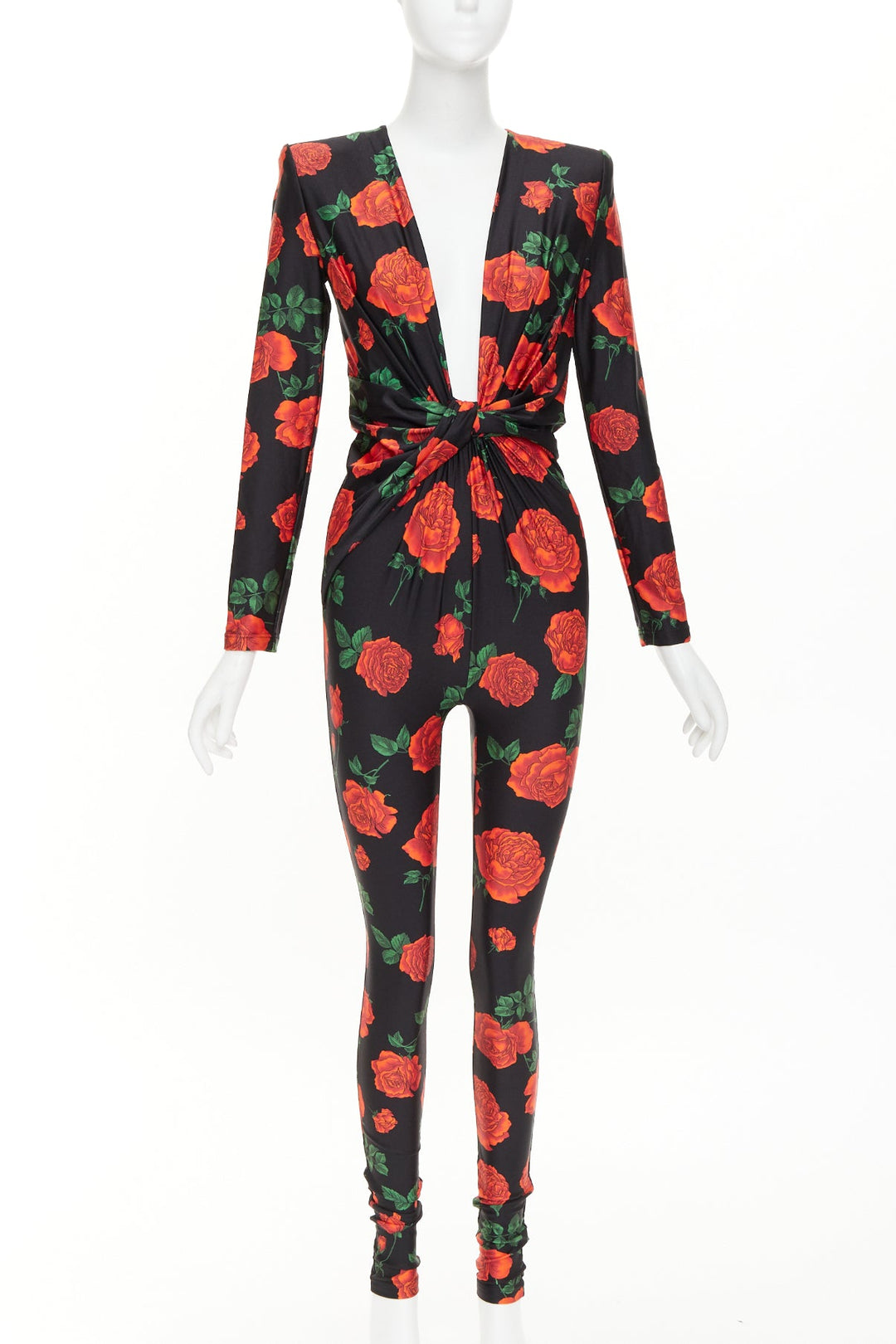SAINT LAURENT 2022 Runway twist plunging black red rose floral jersey catsuit S