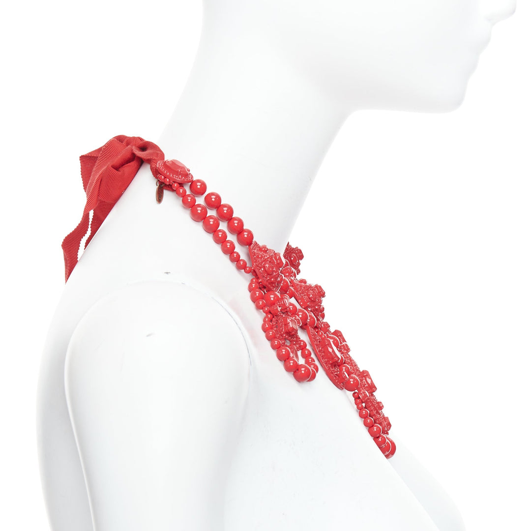 LANVIN H&M red metal chandelier ribbon tie back statement necklace