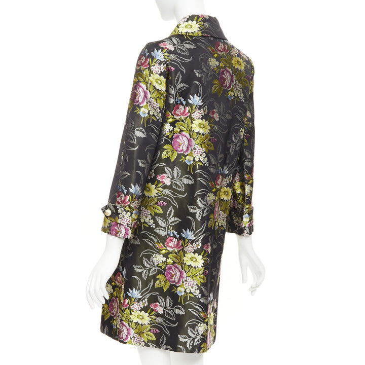GUCCI 2016 Runway black silk floral jacquard GG pearl evening coat IT38 XS