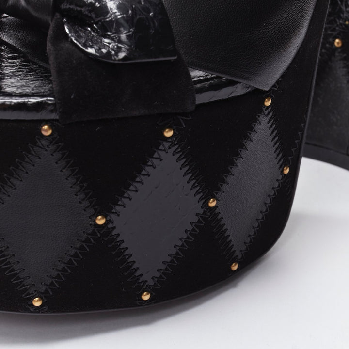 SAINT LAURENT Paige 85 Runway black patchwork stud platform sandals EU37