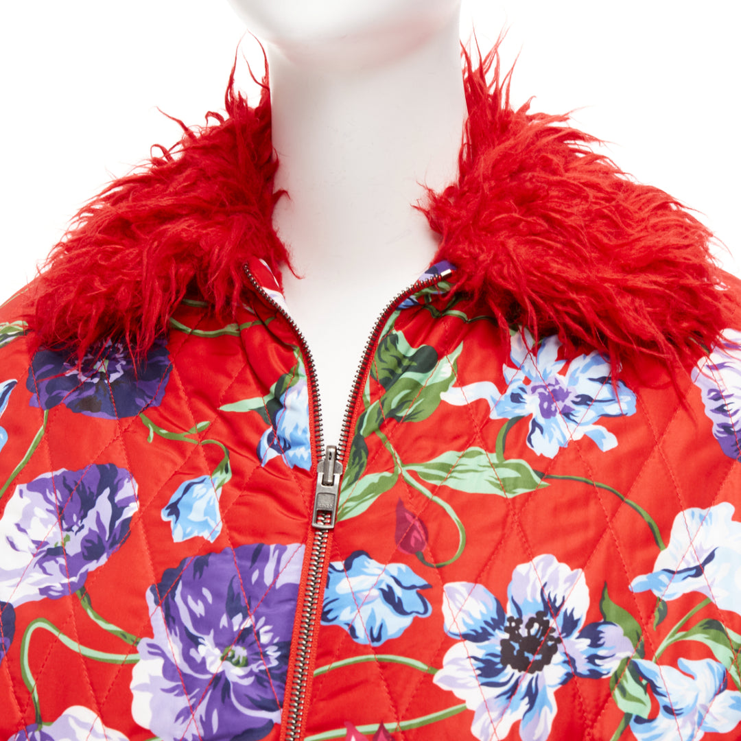 KENZO Memento reversible red purple flower print faux fur crop jacket FR34 XS