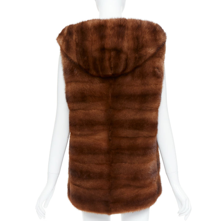 LUCIA PIERI brown real fur hooded patchwork tiered sleeveless vest