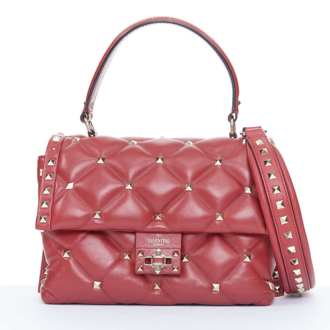 VALENTINO runway Candystud Rosso red quilted lambskin leather top handle bag