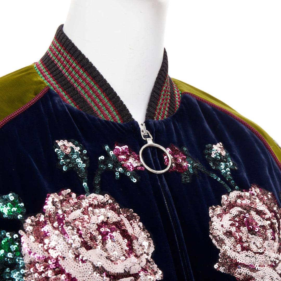 GUCCI Alessandro Michele 2017 navy olive rose sequin velvet bomber jacket IT40 S