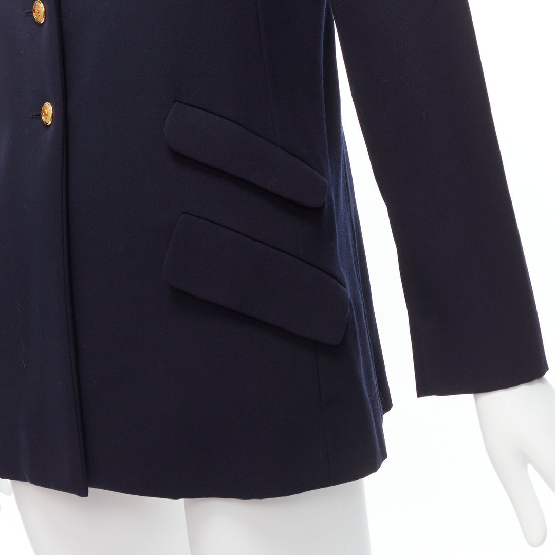 CHANEL navy gold CC buttons flap pockets military blazer jacket FR38 M