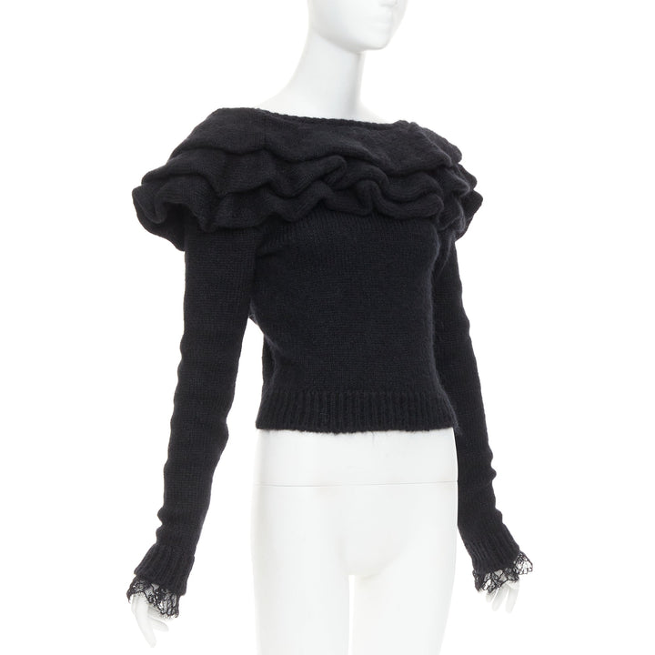 PHILOSOPHY DI LORENZO SERAFINI black ruffle bateau neck jumper sweater IT38 XS