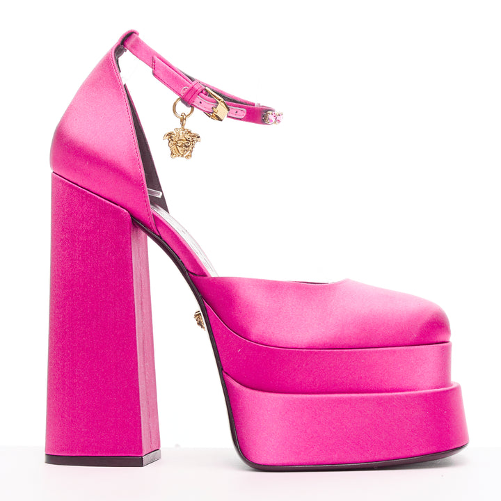 VERSACE Runway Aevitas 155 fuchsia pink satin gold crystal Medusa platform EU38