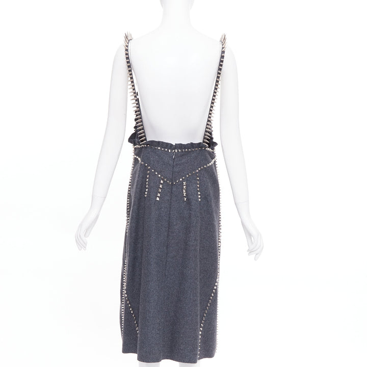 rare MIU MIU 2021 Runway grey wool crystal spikes stud punk slip dress IT38 XS