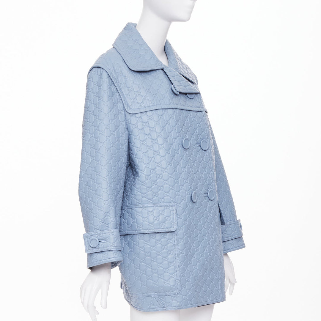 GUCCI 2024 Runway All Over Embossed GG Button Split Back blue leather coat IT38