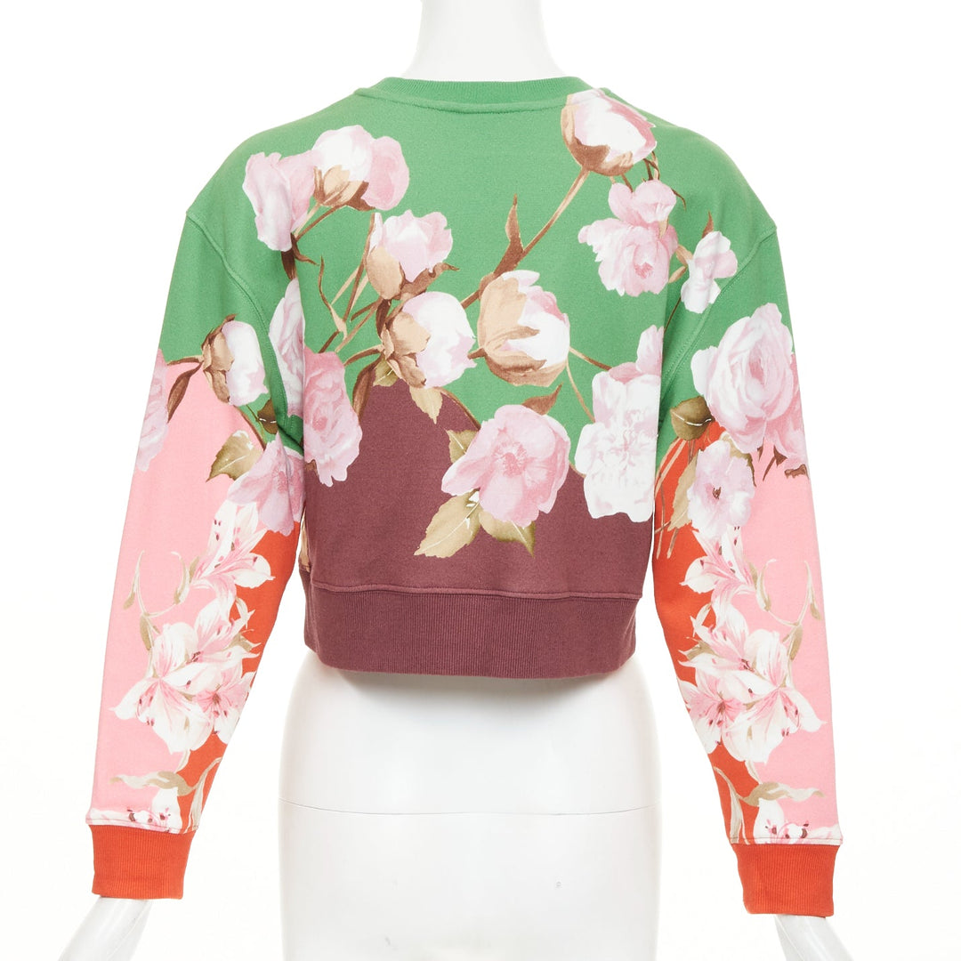 VALENTINO 2021 Flying Flowers logo colorblock cotton crop sweatshirt XS