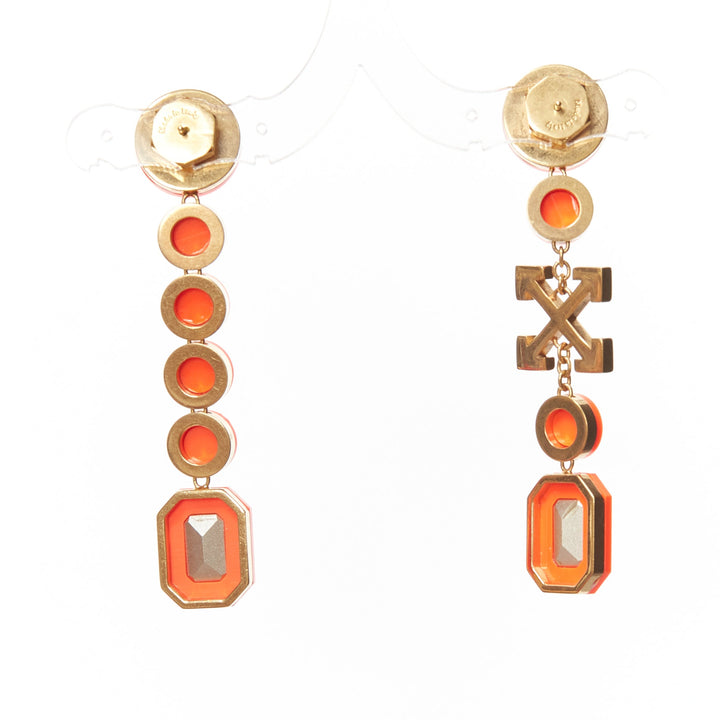 OFF WHITE neon orange gold logo jewel rhinestone drop pin earrings pair