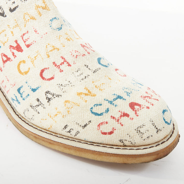 CHANEL 2014 Runway Graffiti multicolor logo print canvas chelsea boots EU40.5