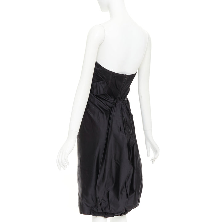 PRADA black silk asymmetric gathered drape corset lined strapless dress IT38 XS