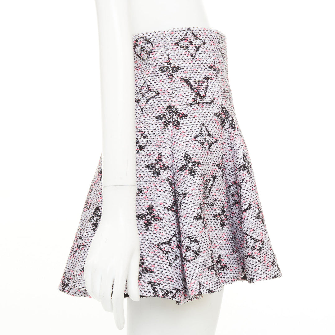 LOUIS VUITTON Monogram Tweed Pleated Circle pink black flared skirt FR34 XXS