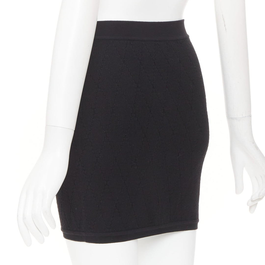 CHANEL black cotton diamond stitch knit cc resin logo button skirt FR34 XS