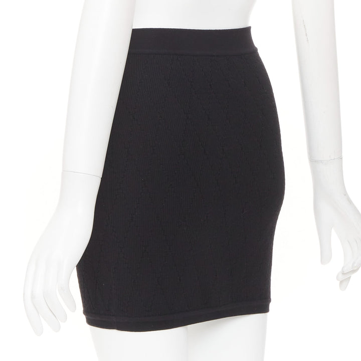 CHANEL black cotton diamond stitch knit cc resin logo button skirt FR34 XS