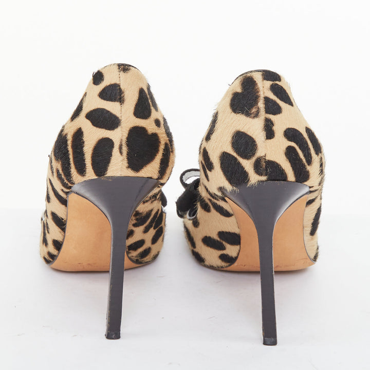 MANOLO BLAHNIK Vintage leopard print calf hair suede bow pointed toe pumps EU37