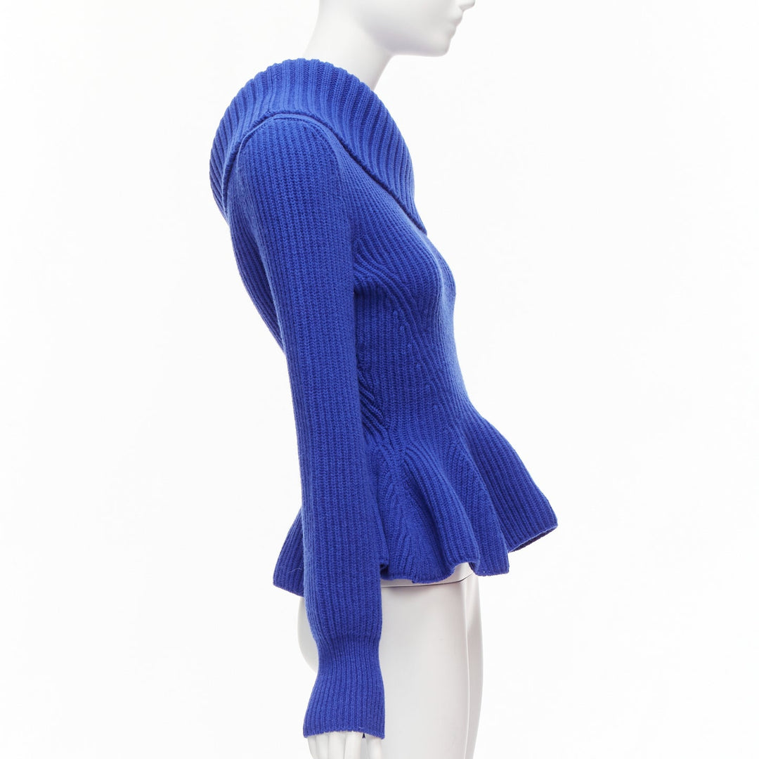 ALEXANDER MCQUEEN cobalt blue wool cashmere off shoulder peplum ribbed sweater S