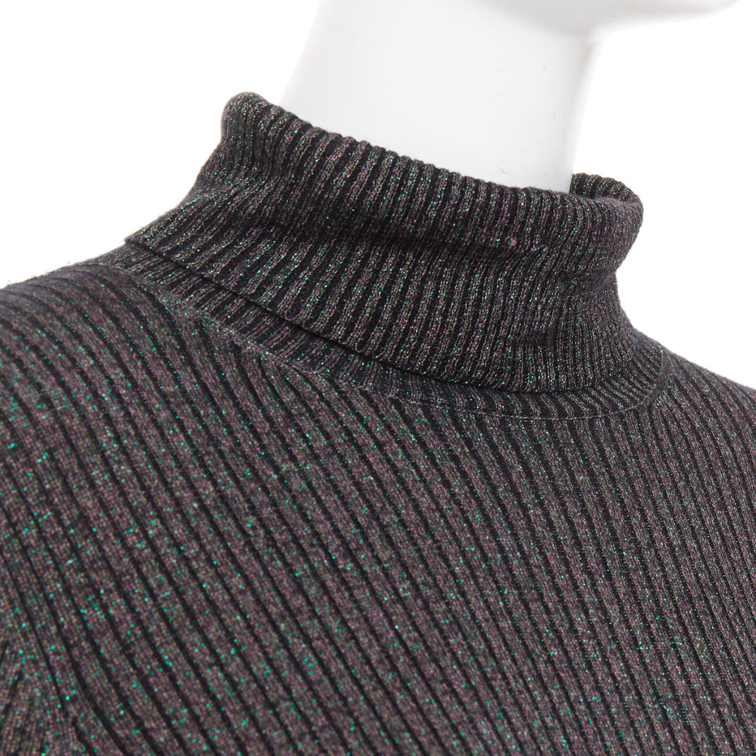 DRIES VAN NOTEN metallic green lurex viscose blend ribbed turtleneck sweater M