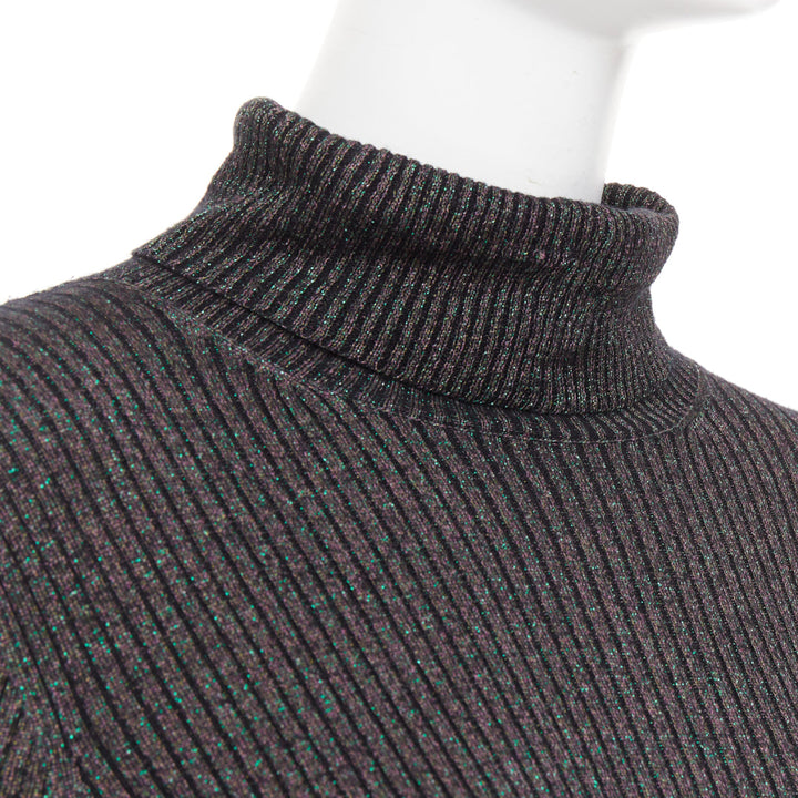 DRIES VAN NOTEN metallic green lurex viscose blend ribbed turtleneck sweater M