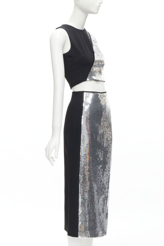 DAVID KOMA silver sequins midriff crop top asymmetric high slit skirt set UK6 XS