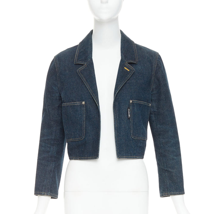 CHANEL 1996 Vintage washed indigo denim logo patch pocket cropped denim jacket