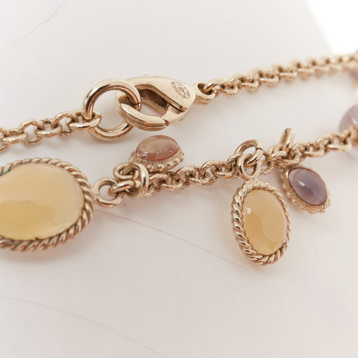 CHANEL B12C beige grey CC logo resin crystal gold chain sautoir long necklace
