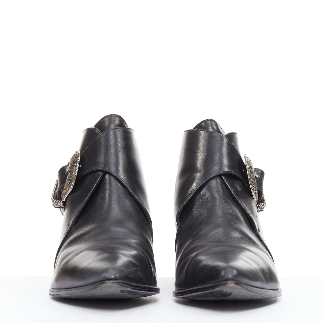 SAINT LAURENT Hedi Slimane silver western buckle heeled Chelsea booties EU38.5