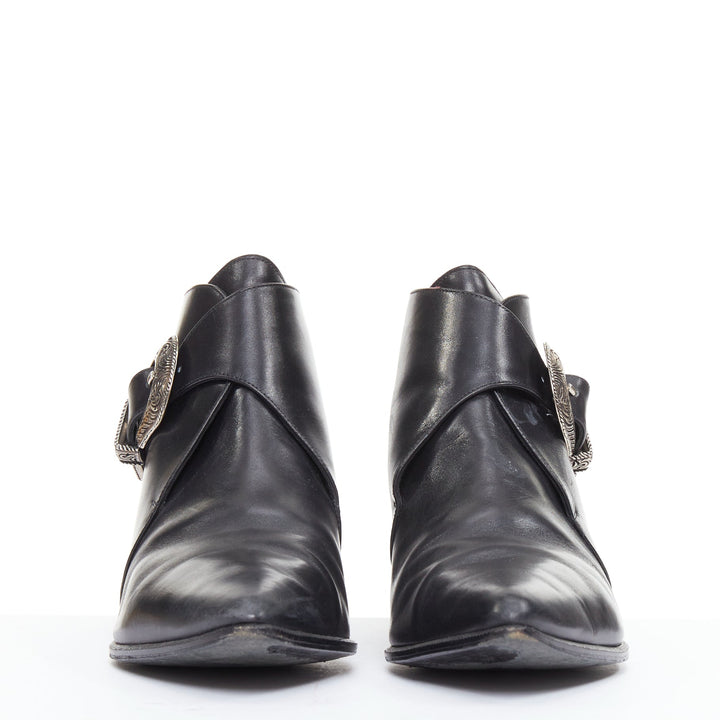 SAINT LAURENT Hedi Slimane silver western buckle heeled Chelsea booties EU38.5