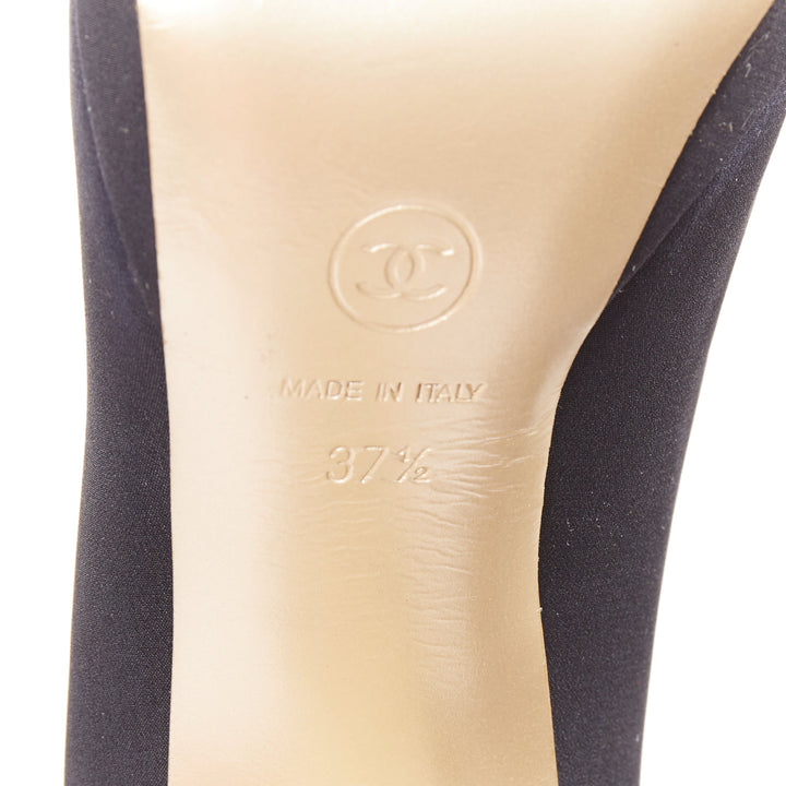 CHANEL 08A black satin gold sculpted metal bolt heel platform pumps EU37.5