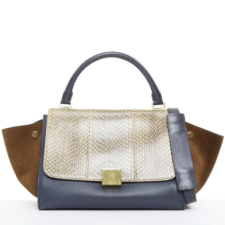 CELINE Trapeze beige scaled leather flap navy brown gold hardware bag