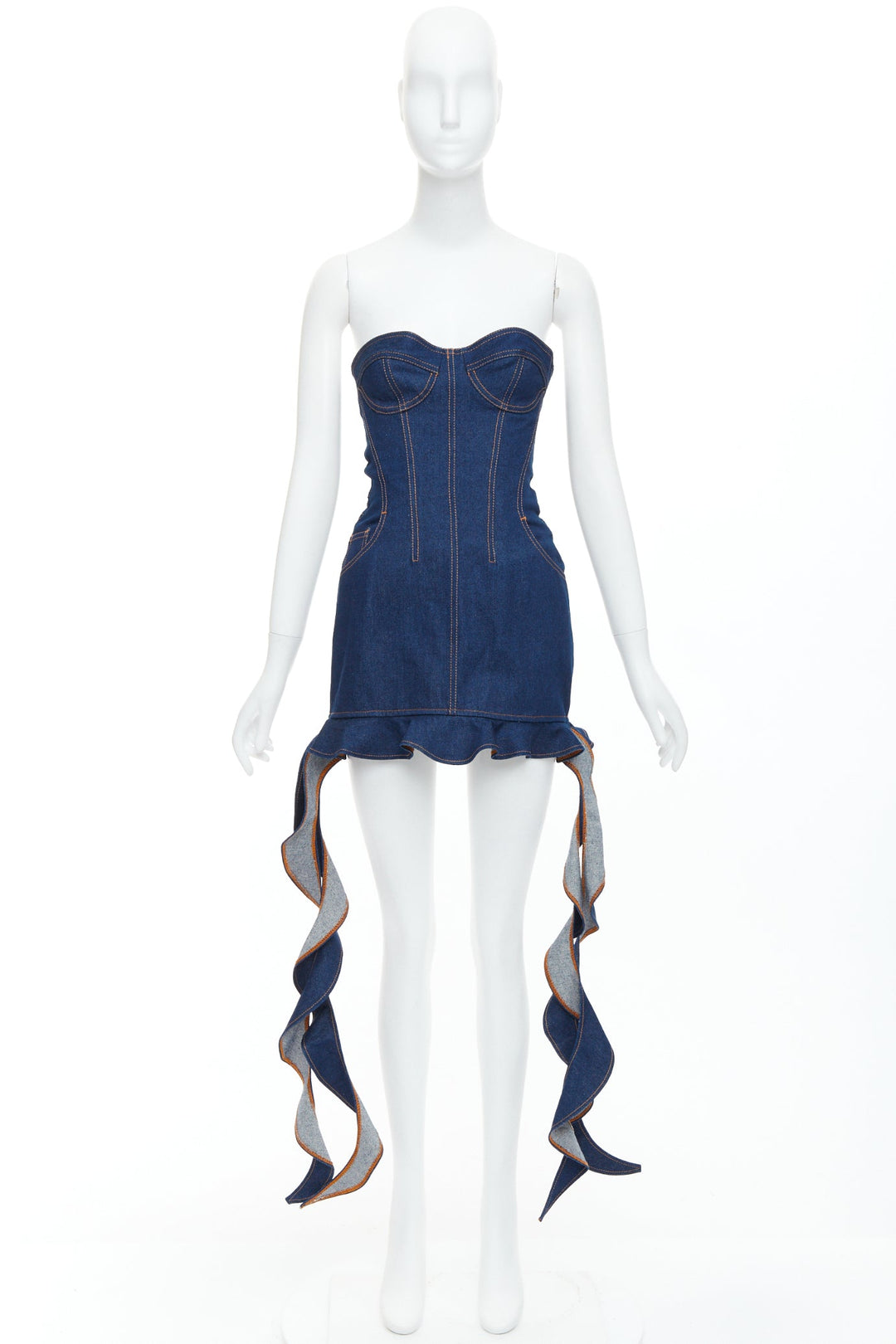 DAVID KOMA Corset Denim blue cotton cascade sides mini dress UK6 XS