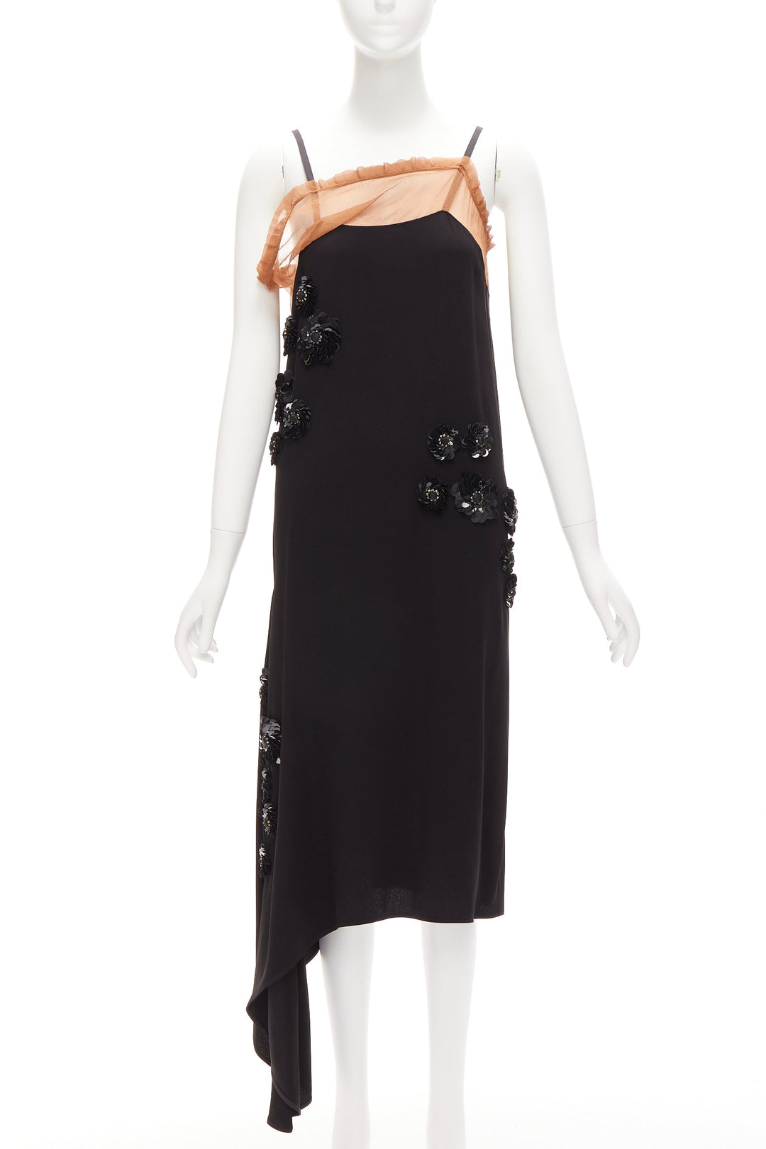 MARNI black floral sequins embellishment nude ruffle slip dress IT38 XS