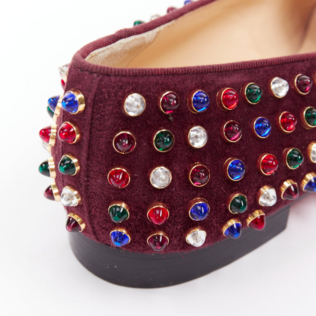 CHRISTIAN LOUBOUTIN burgundy suede jewel tone gripoix stone stud loafers EU36.5